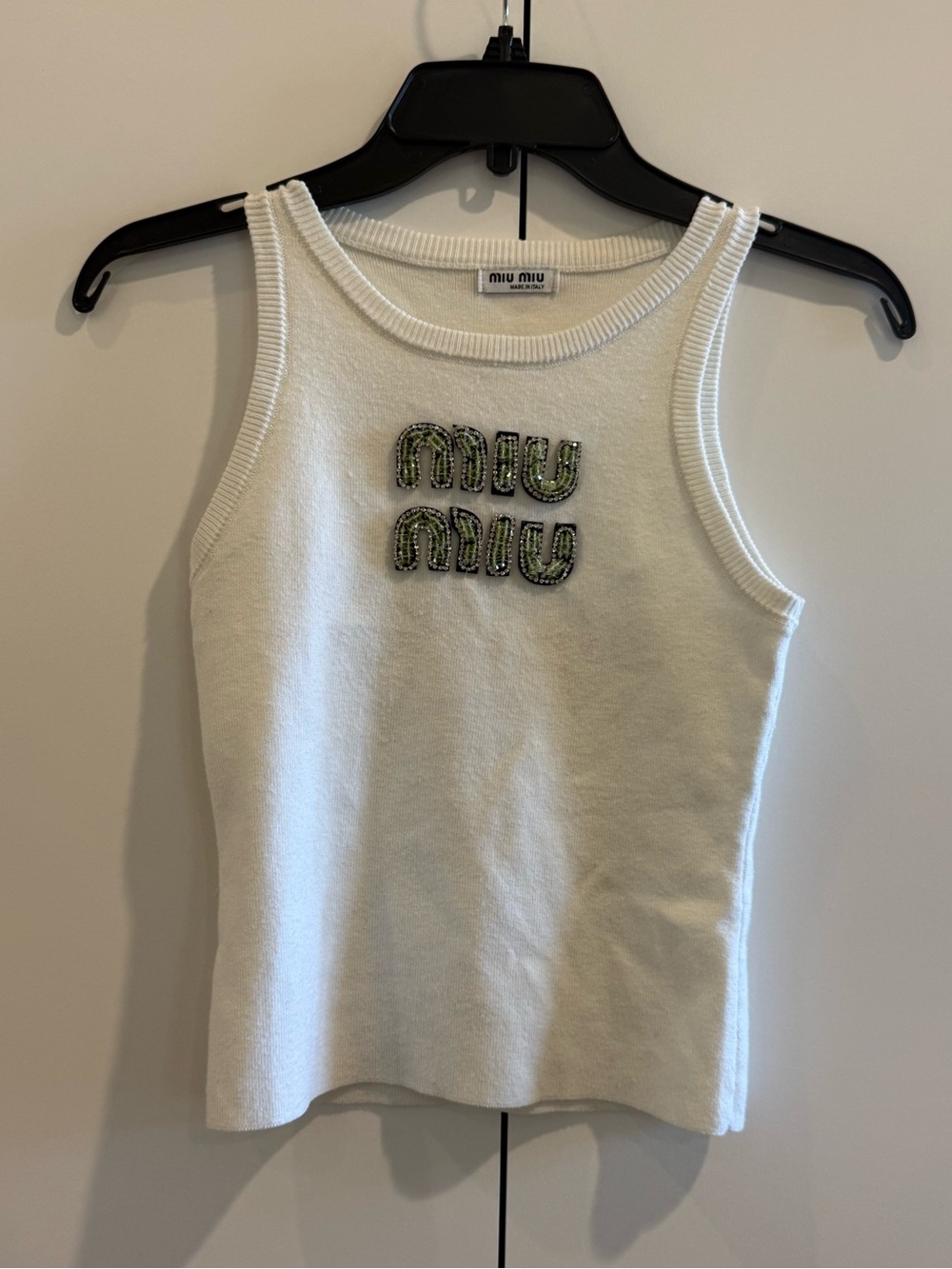 Miu Miu White Tank Top with Beaded Logo